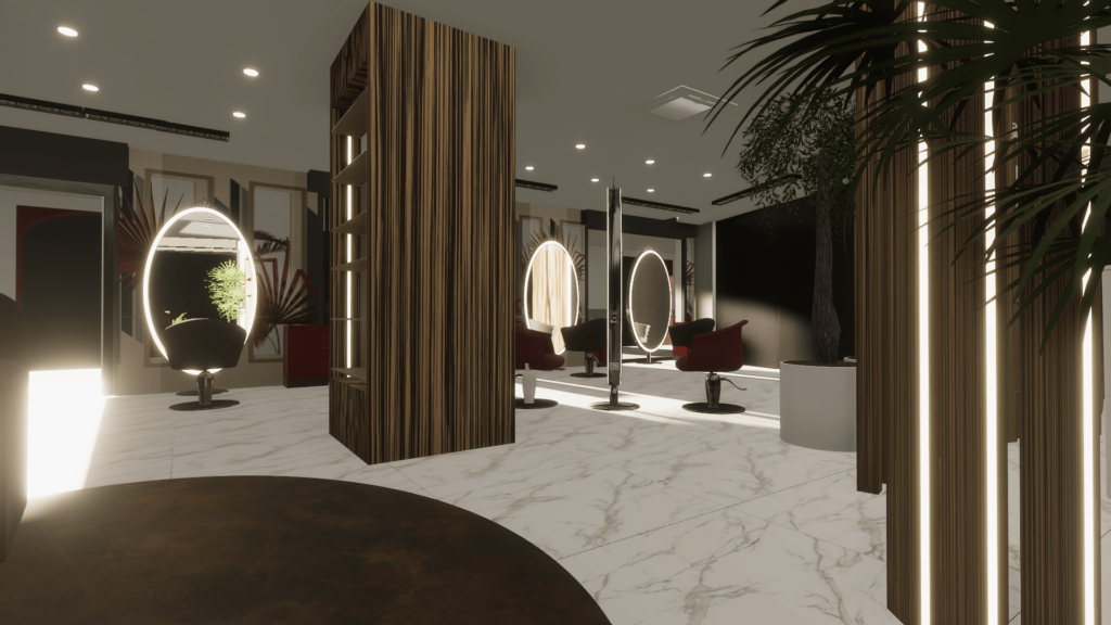 Rendering in 3d di una parrucchieria con specchi con luce e sedie per clienti.