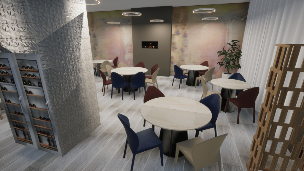 Rendering in 3d di una vinoteca con tavoli in legno e sedie di design moderno