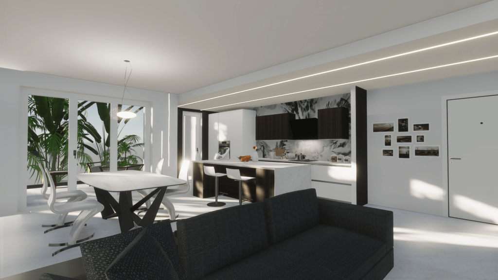 Rendering in 3d che mostra una zona giorno e zona cucina nella sua interezza con elementi di design moderni ed armoniosi