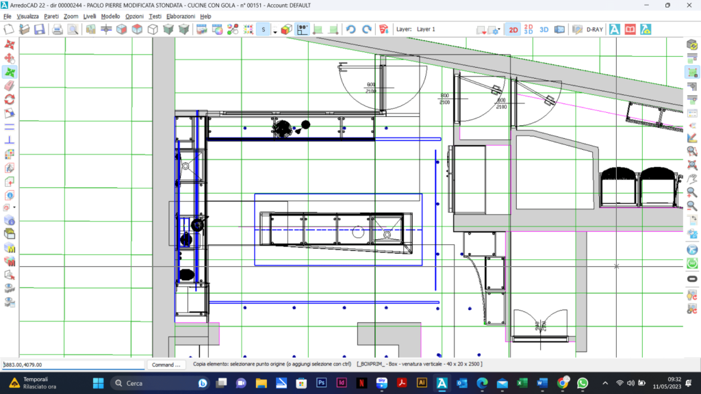 Progetto di una cucina vista dall'alto con misurazioni realizzato in autocad