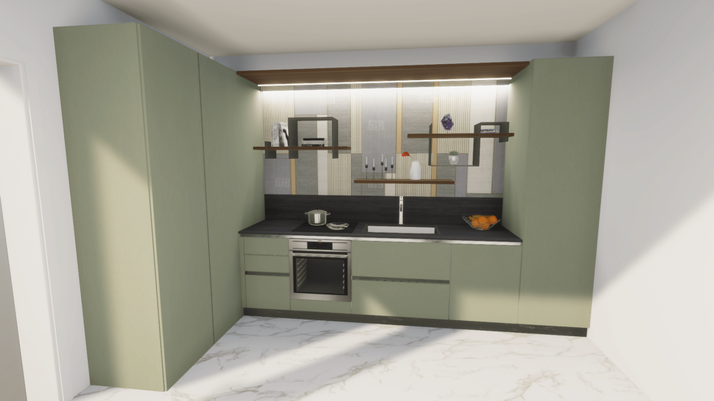 Rendering in 3d di un angolo cottura di colore verde con stoviglie ed elettrodomestici moderni in vista.