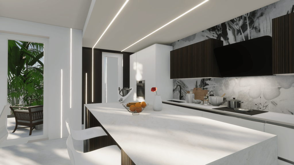 Rendering in 3d di una zona cucina già arredata con stoviglie ed elettrodomestici in vista.