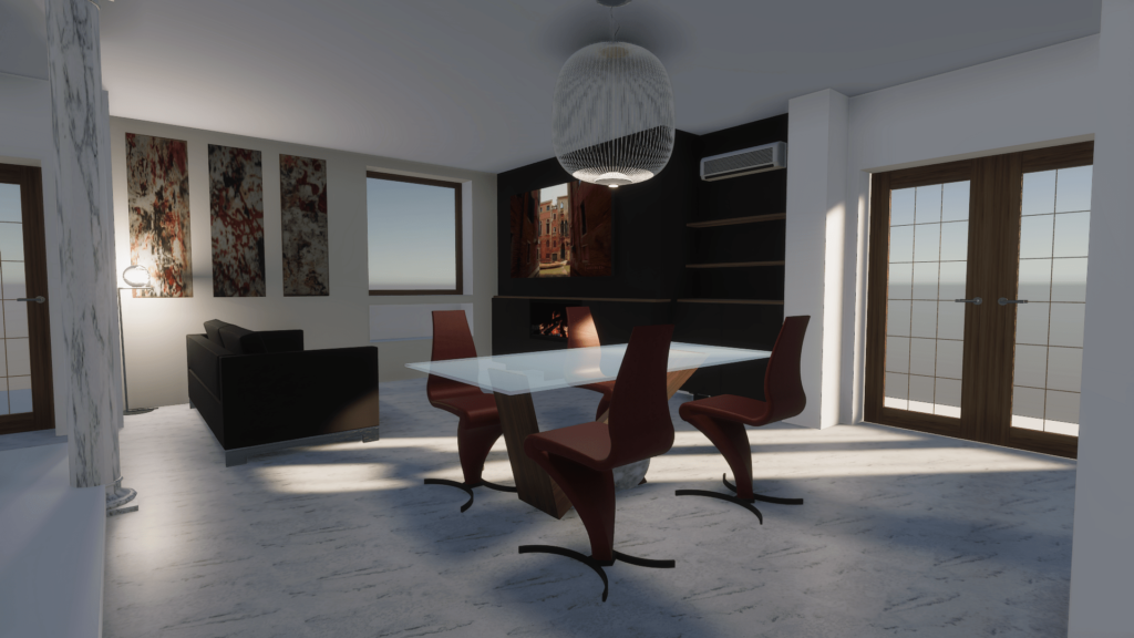 Rendering in 3d di una zona giorno con tavolo in vetro e sgabelli porpora di design moderno con quadri astratti su parete.