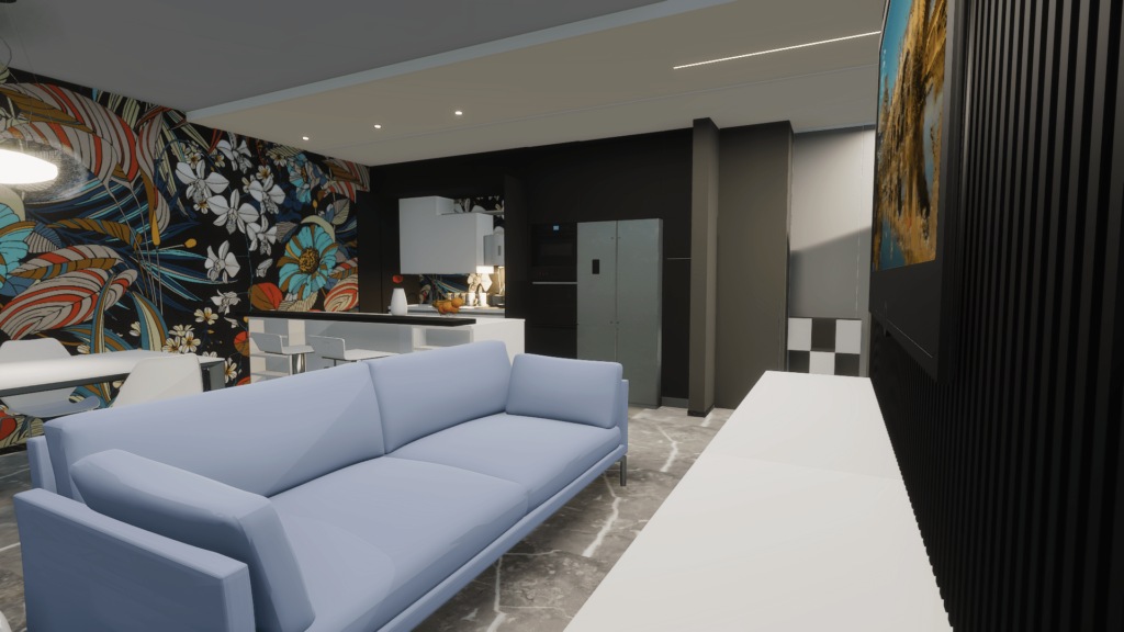 Rendering in 3d di una zona giorno con murale floreale, con tavolo bianco e sedie di design bianche, una zona cucina di design moderno e un divano azzurro davanti ad una parete nera.