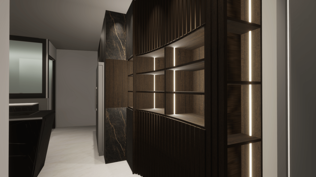 Rendering in 3d di armadi mobili in legno illuminati da led all'interno.
