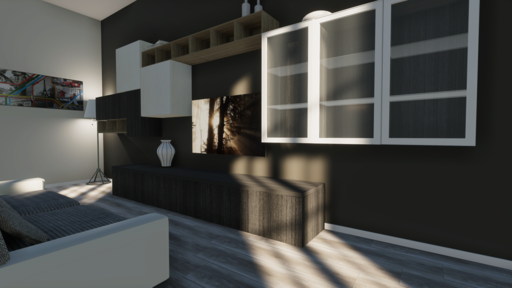 Zona giorno con divano bianco e grigio davanti a una parete con scaffali e mensole di design moderno.