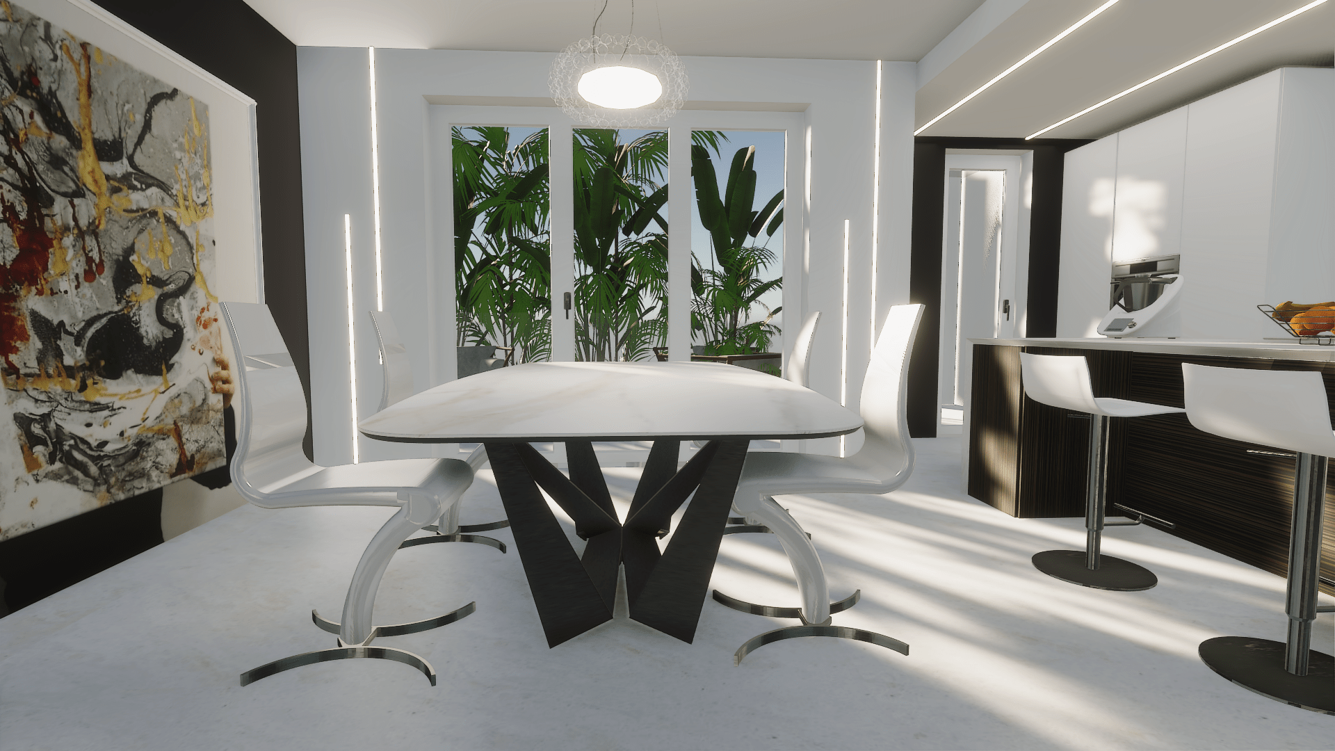 Rendering in 3d di una zona giorno con tavolo e sedie di design moderno e avista una cucina bianca con sgabelli di design moderno