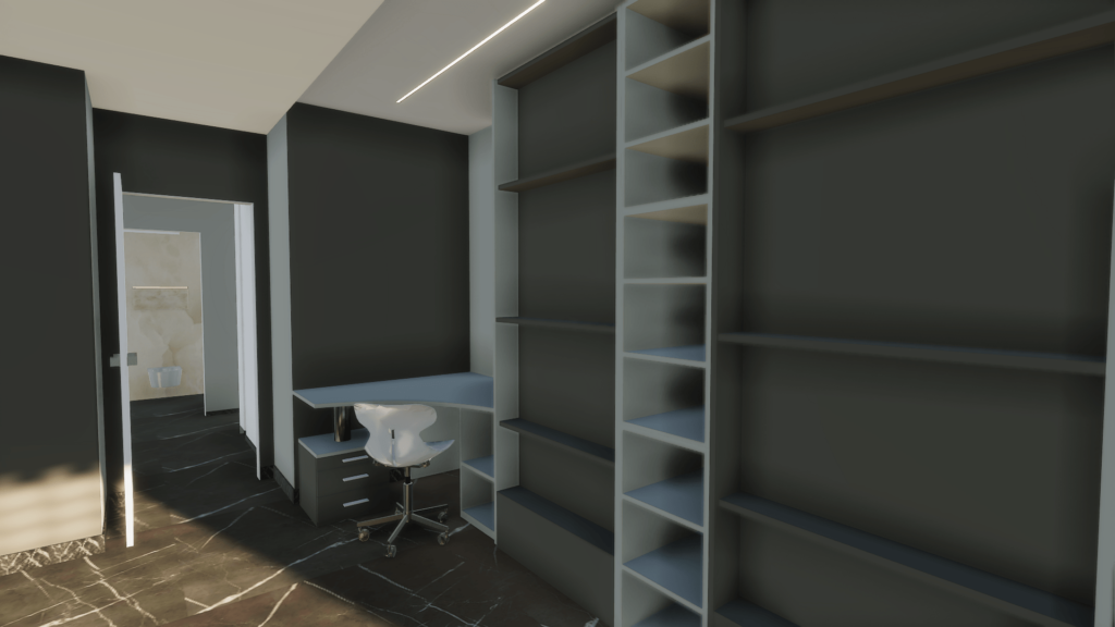 Rendering in 3d di una camera da letto con scaffali di design e una scrivania ad angolo bianca con sedia di design bianca, con bagno in vista.