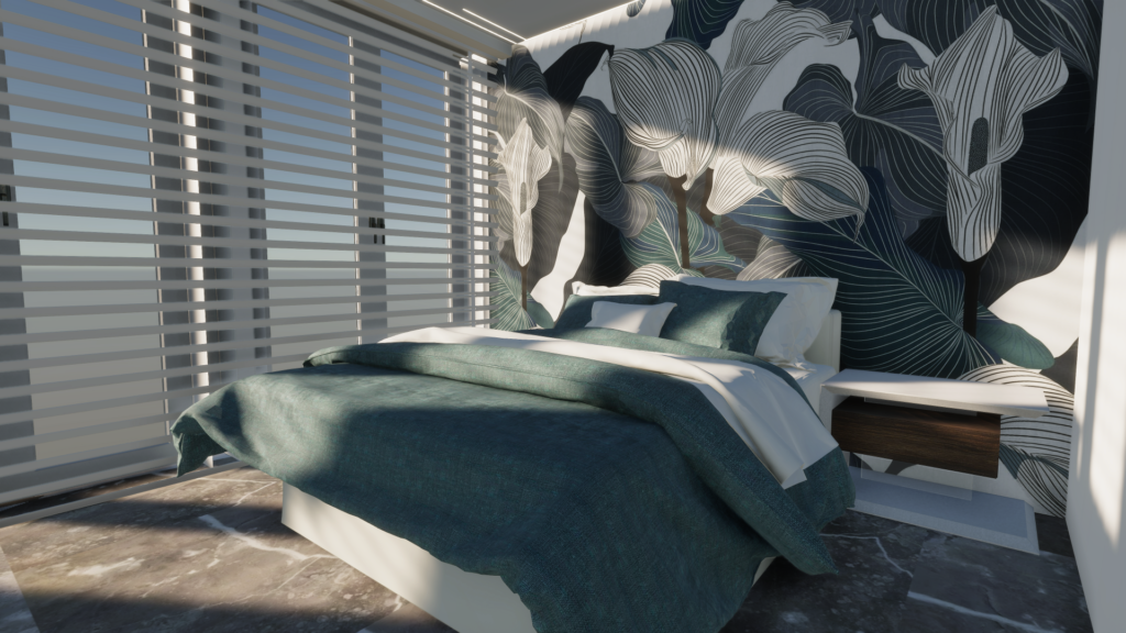 Rendering in 3d di una camera da letto illuminata dal sole con un murale floreale verde e nero.