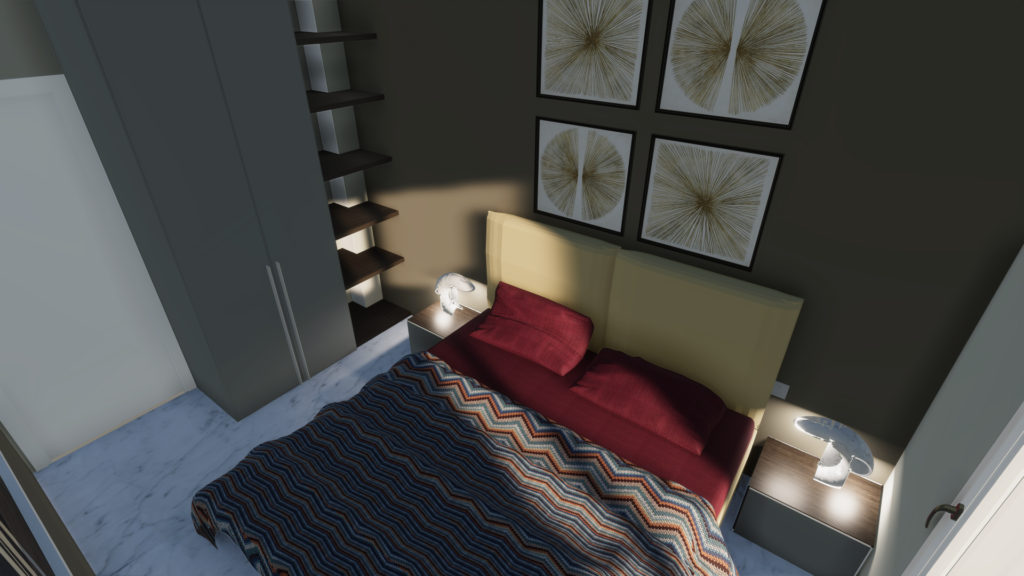 Rendering in 3d visto dall'alto con un letto rosso con coperte a strisce, armadi comodini e lampade di design raffinato