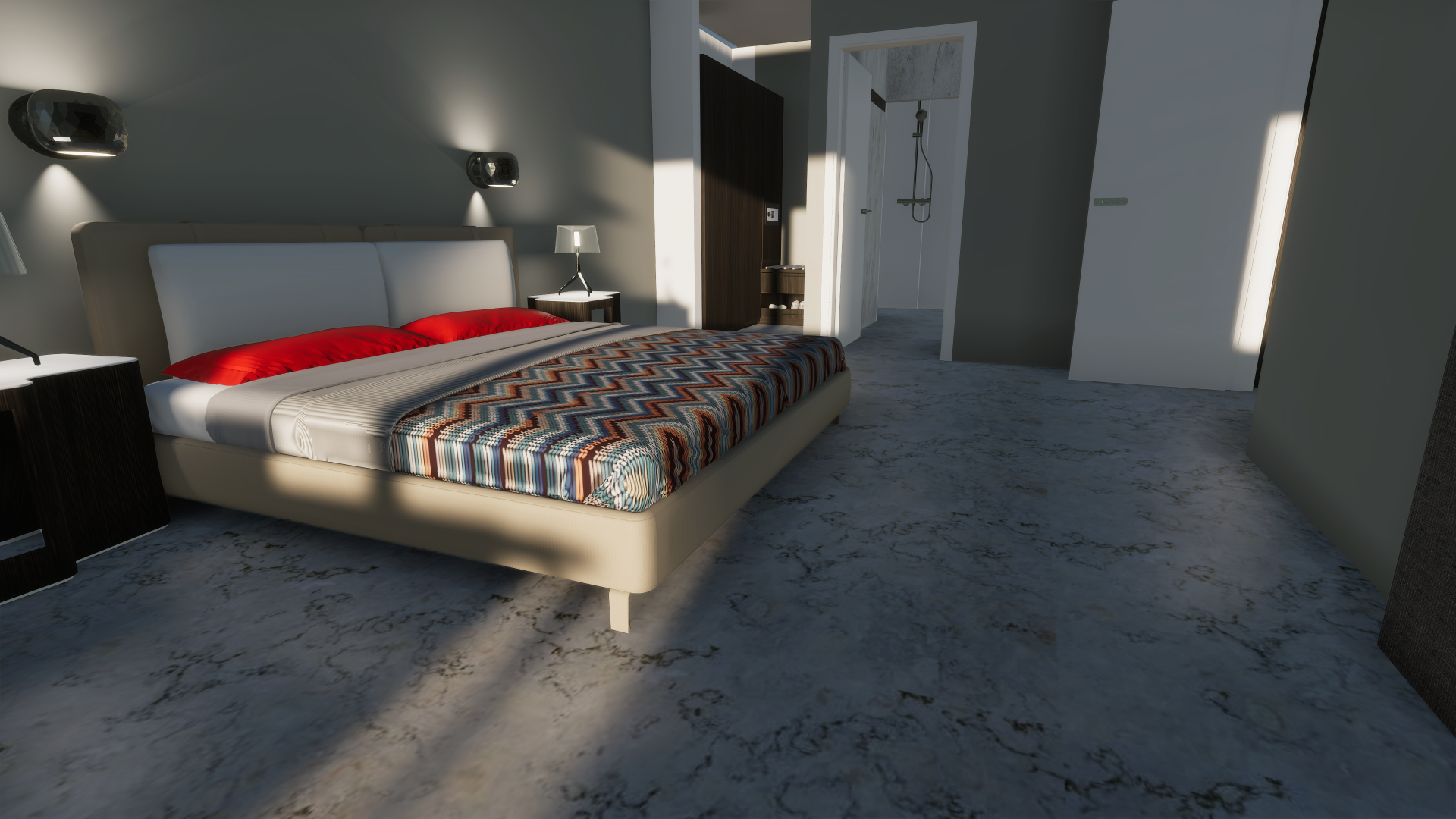 Rendering in 3d di una camera da letto illuminata dal sole con scarpiera e bagno in vista.