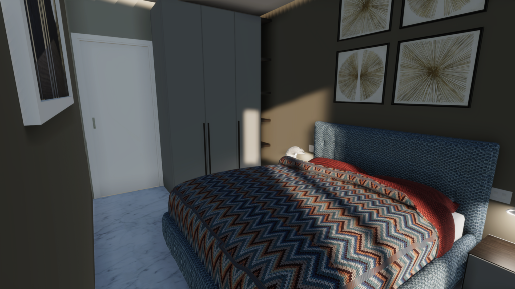 Rendering in 3d di una camera da letto illuminata dal sole